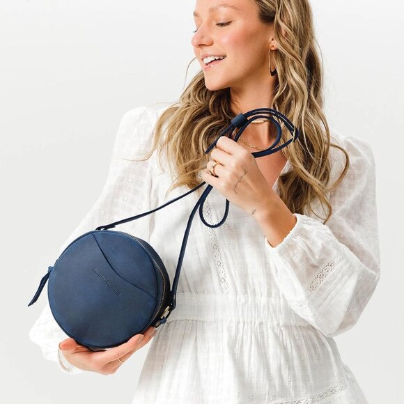 Leather Goods Circle Crossbody Bag for Women Deep Water
